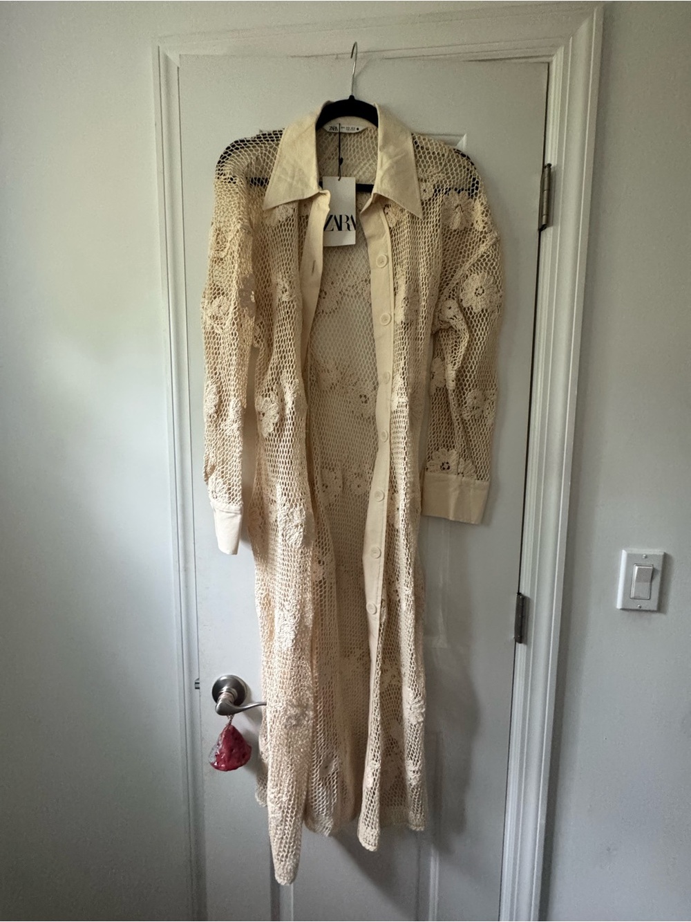 ZARA Cream Open-Weave Crochet Cardigan with Knit Collar